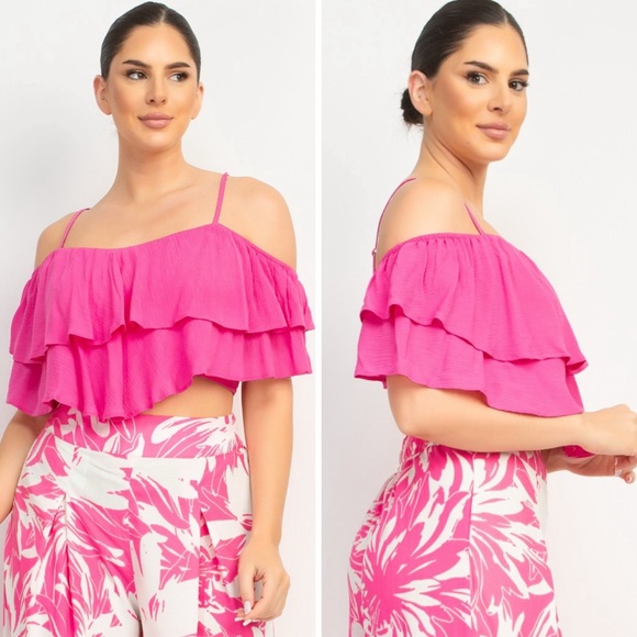 Pink Ruffle Layered Crop Flounce Women's Top - Picture 3 of 7